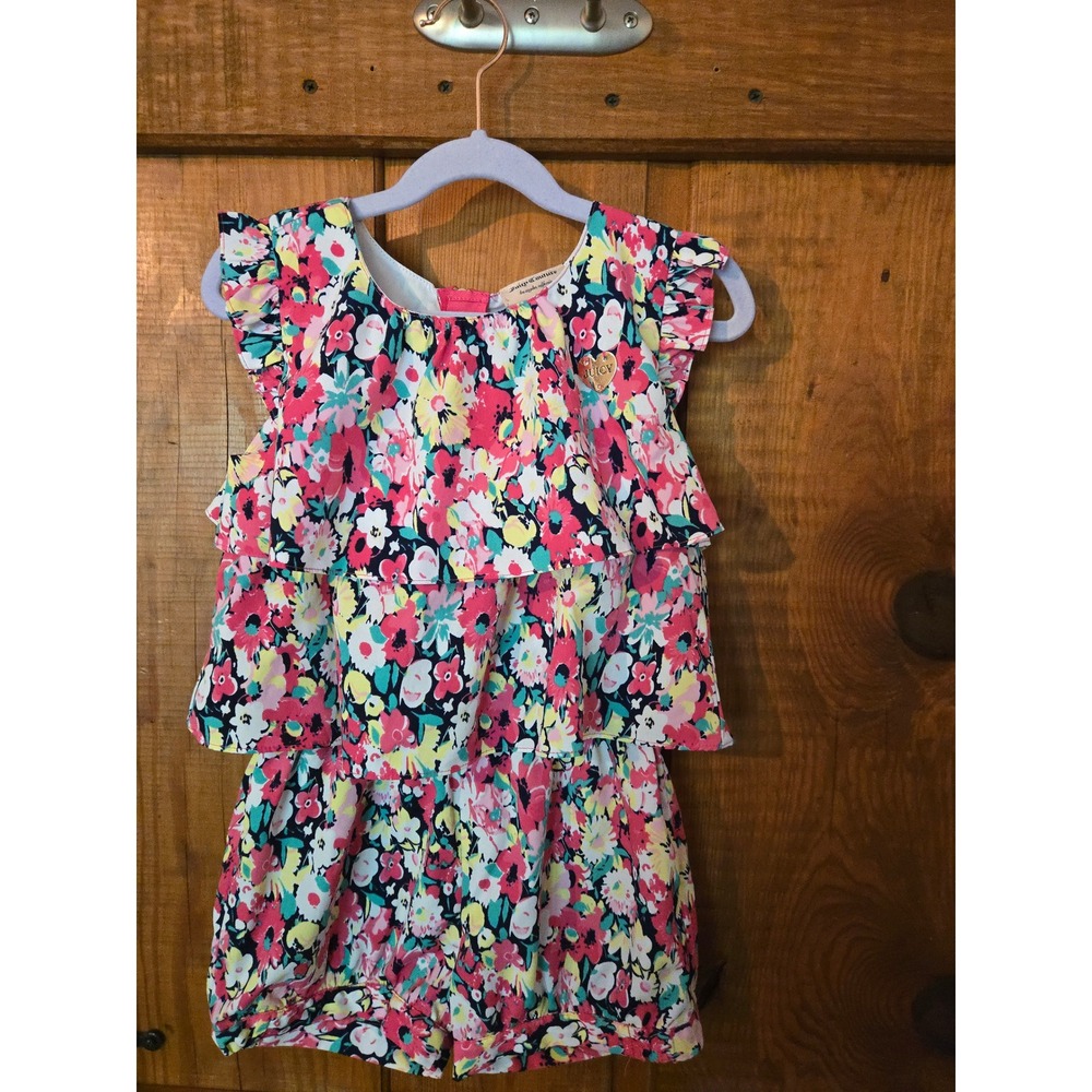 JUICY COUTURE - Girls Floral Ruffle Romper Pink Yellow Multi - Size 6X